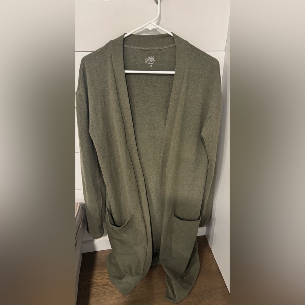 Tickled Pink Olive Green Open Front Women's Sweater